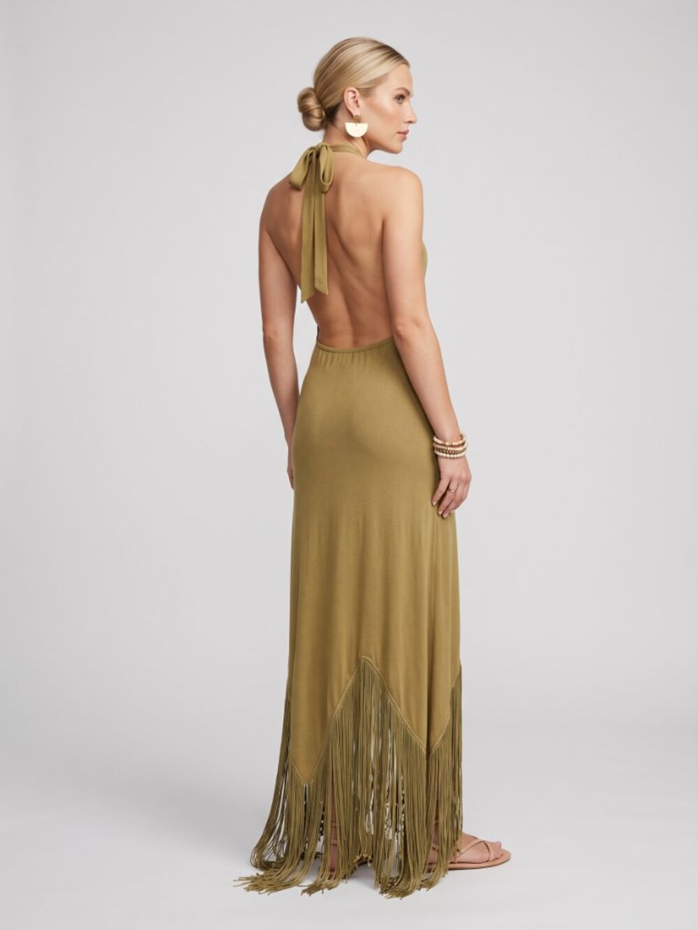 Women's Olive Green Halter Backless Fringe Tassel Maxi Dress Vacation - Picture 2 of 2